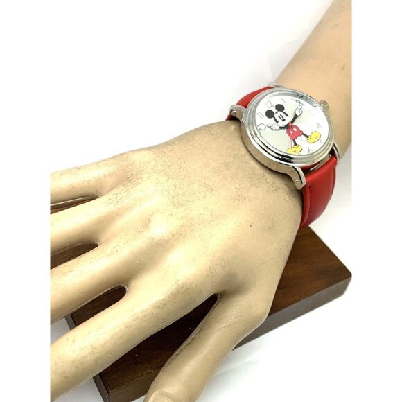 Disney Mickey Mouse Women's Watch Silver Tone Case 38mm Red Leather Band… - Picture 5 of 14